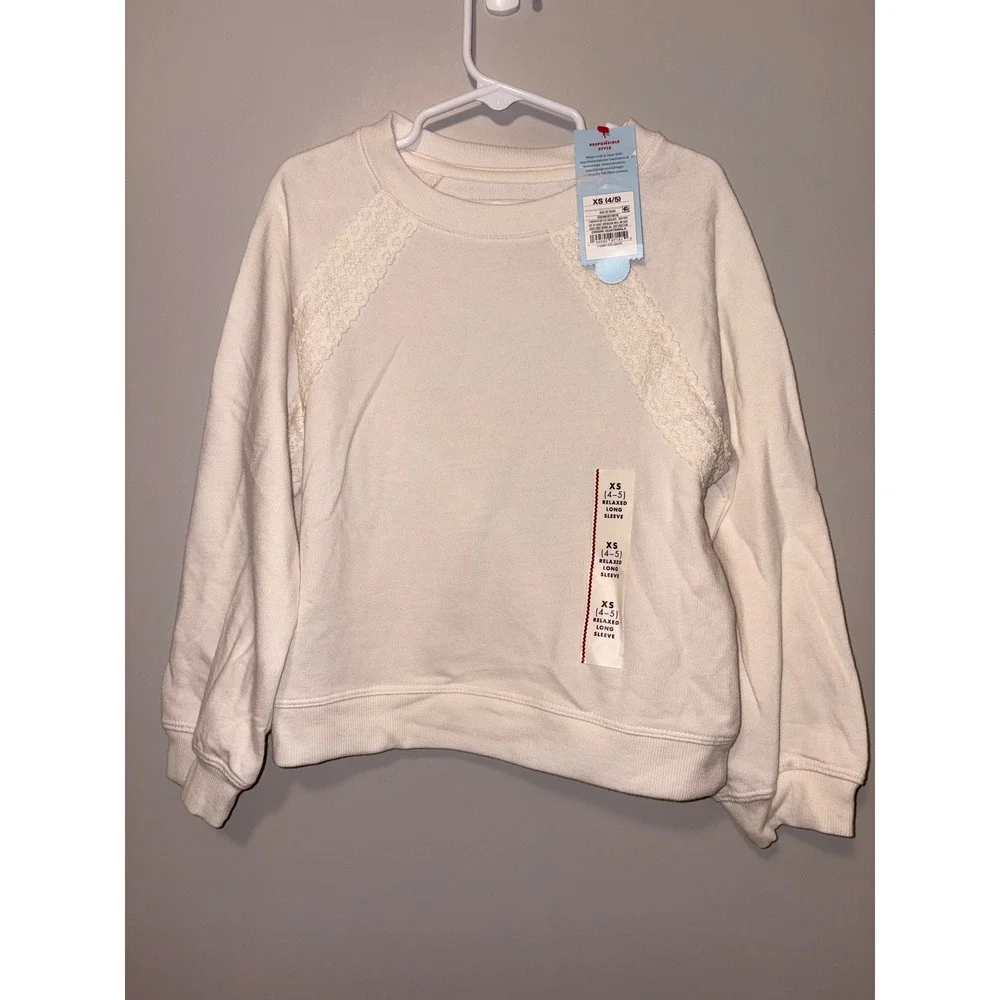 Cat & Jack Girls Cream Lace Trim Raglan Sweatshirt XS 4-5 Relaxed Fit Pullover